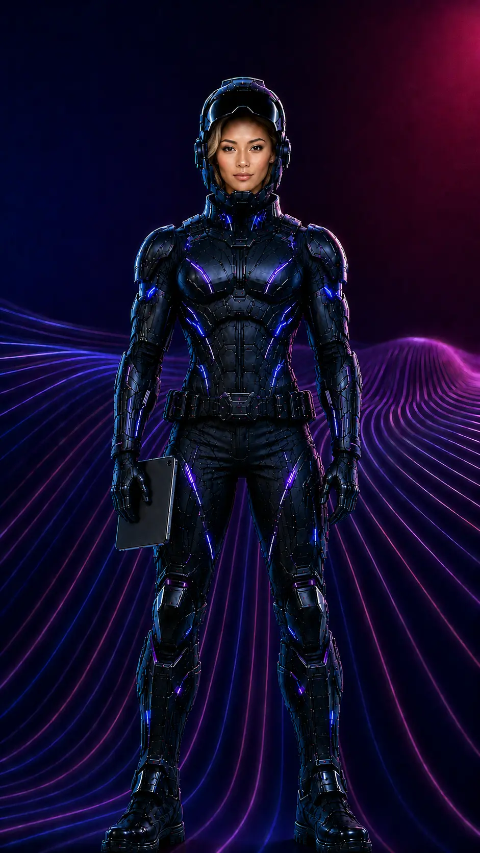 Inception AI agent in a black high-tech armored suit with violet and blue illuminated highlights